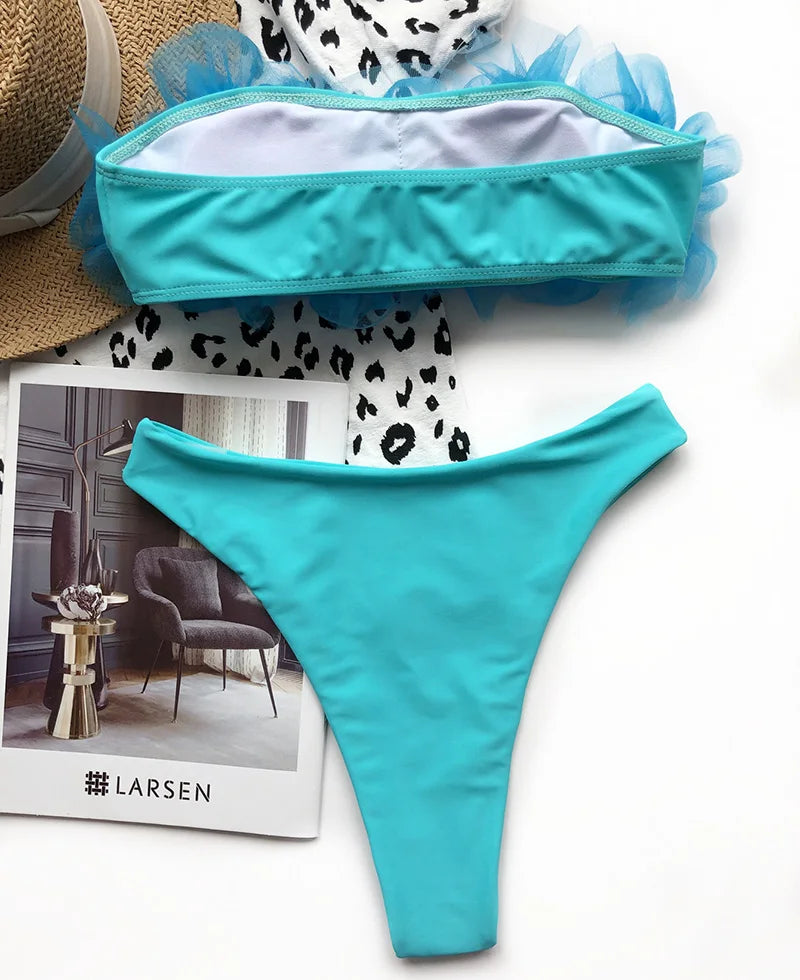 2025 New Sexy 3D Flower Mesh Ruffled Swimsuit High Waist bikini Women Bandeau Swimwear Female Two Pieces Bikini set Bathing Suit