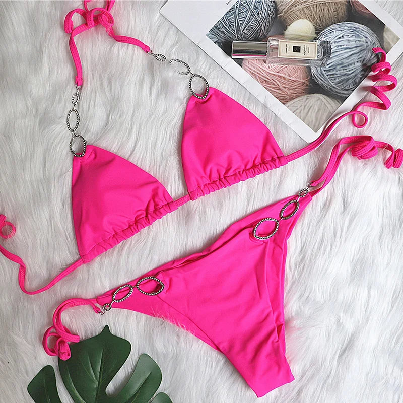 New Shiny Crystal Diamond Bikini 2026 Women Halter Bandage Swimsuit Female Swimwear Rhinestone Bikini set Brazilian Bathing Suit