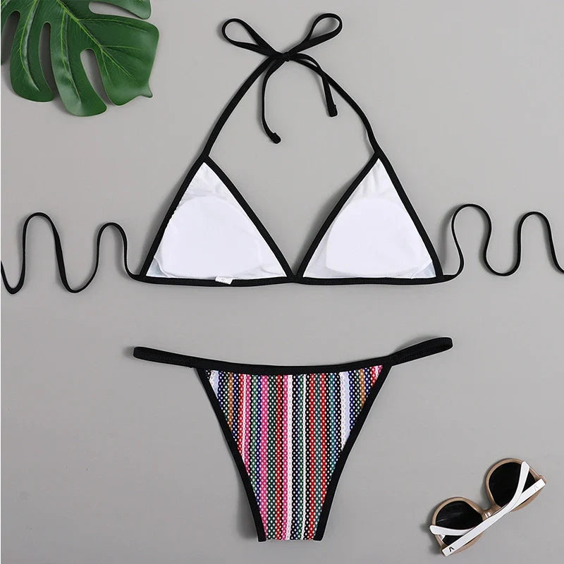 2025 Sexy Long Sleeve Striped Bikini Women Brazilian Swimwear Female Swimsuit 3 Pieces Bikini Set Halter Micro Bathing Suit Swim