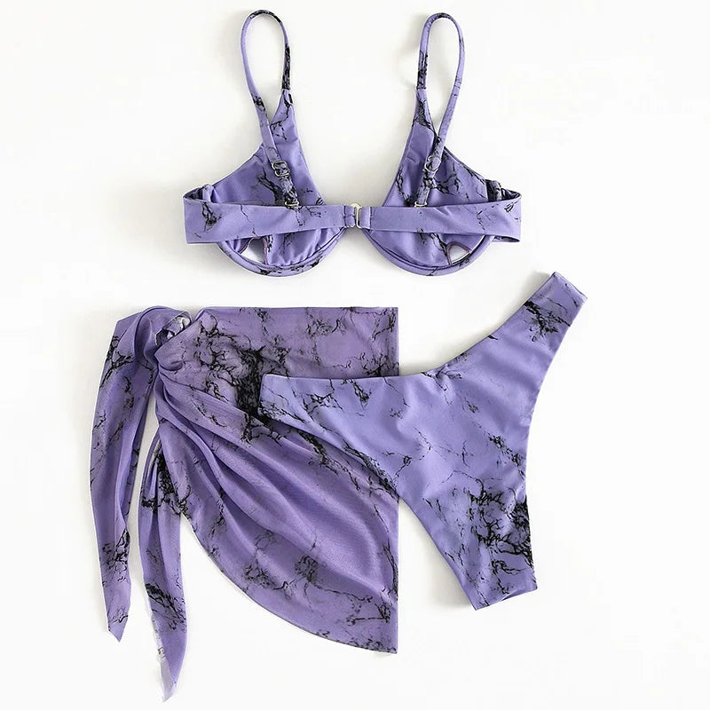 Marble Print V-Bar Underwired Bikini Women Swimsuit Female Swimwear Three-pieces Bikini Set Push Up Bathing Suit Beach Sarong
