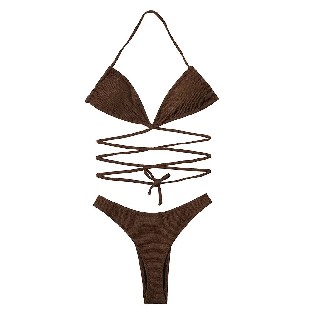 ZTVitality Solid Ribbed Bandage Wrap Around Bikini 2025 New Halter Padded Bra  High Leg Sexy Swimsuit Beach Wear Swimwear Women