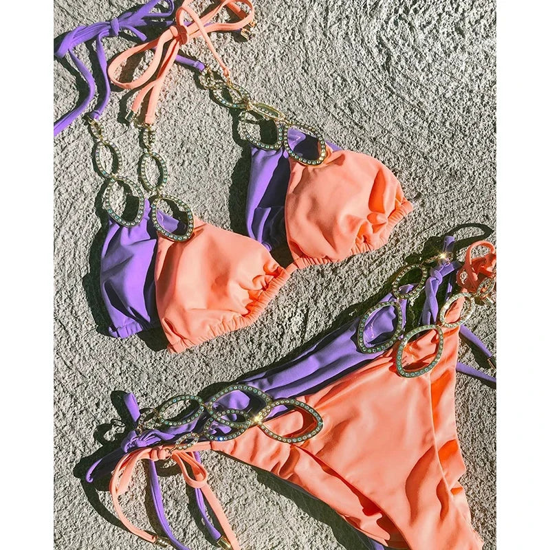 Sexy Halter Diamond Bikini Women Swimsuit Female Metal Chains Swimwear Two Pieces Bikini set Brazilian Bather Bathing Suit Swim