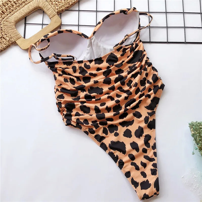 Push Up Bra Cup Leopard Scrunched Women Bandeau Swimwear One Piece Swimsuit Female Monokini High Cut Bathing Suit Swim Bodysuit
