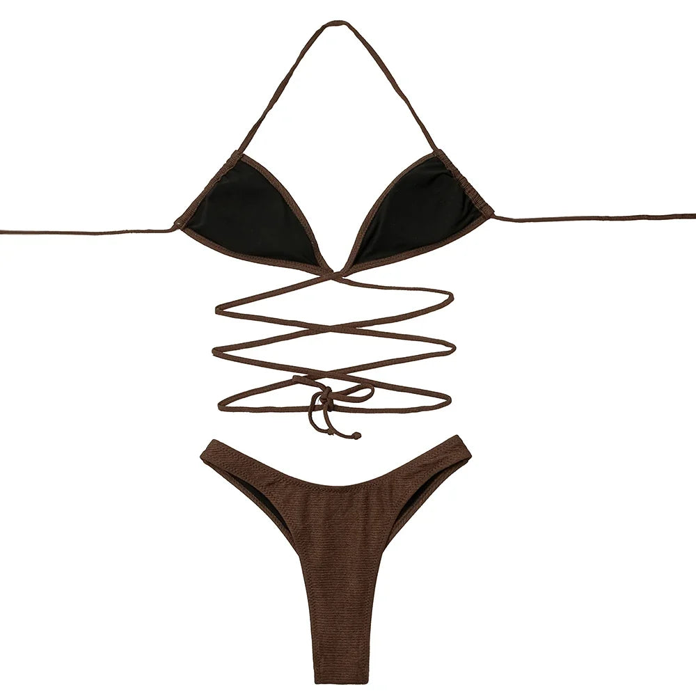 ZTVitality Solid Ribbed Bandage Wrap Around Bikini 2025 New Halter Padded Bra  High Leg Sexy Swimsuit Beach Wear Swimwear Women