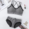 Gingham Lace Trim Bralette & Panty Set Push-Up Bra Plaid Lace Trim Lingerie Set Cross-Back Wireless Women's Underwear Set
