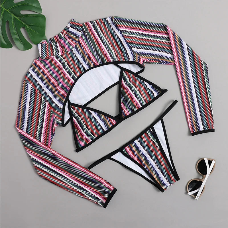 2025 Sexy Long Sleeve Striped Bikini Women Brazilian Swimwear Female Swimsuit 3 Pieces Bikini Set Halter Micro Bathing Suit Swim