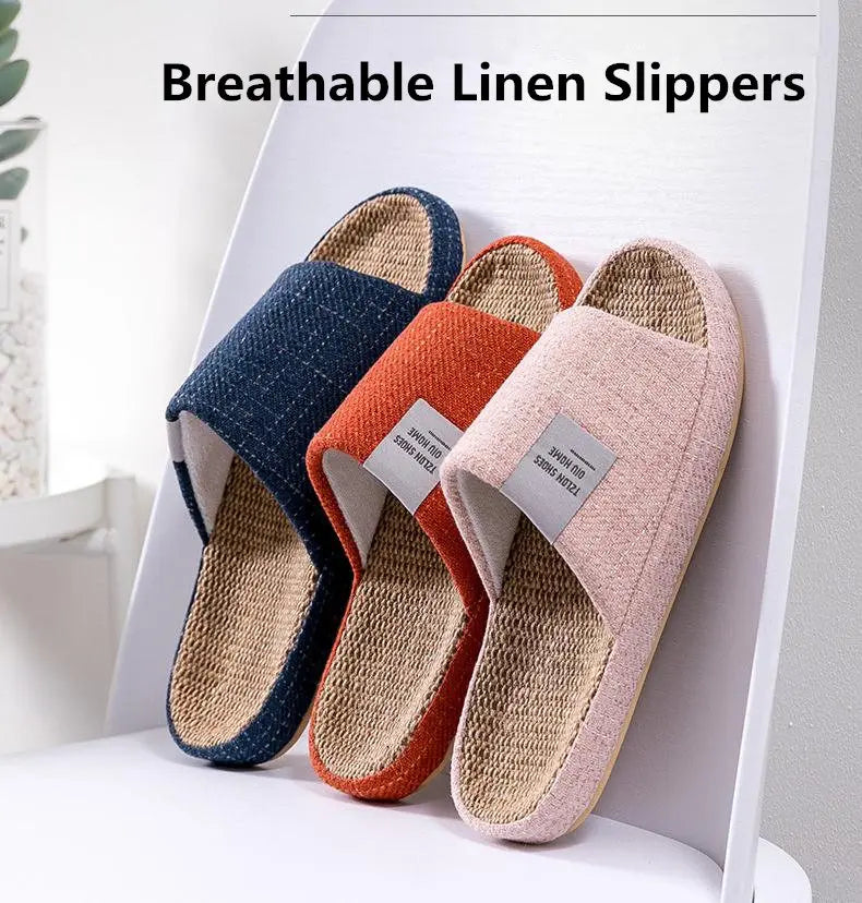 Breathable Flax Slippers Women Men Indoor Mute Slipper Anti-slip Lovers House Floor Shoes Soft  Ladies Summer Home Slides