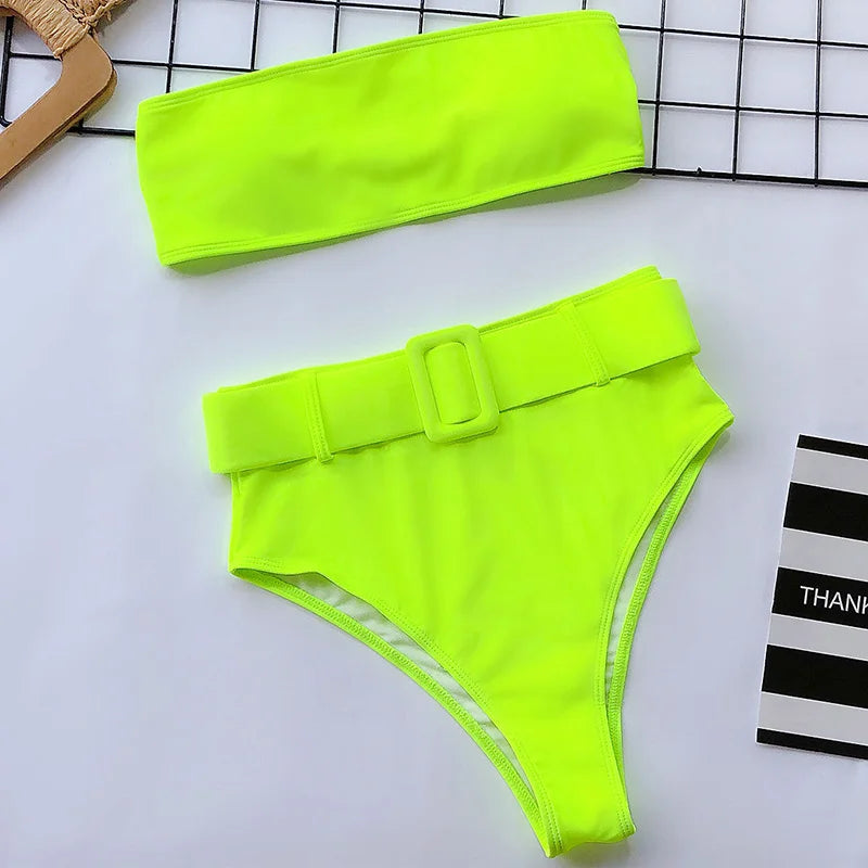 Neon Green Bandeau Swimsuit High Waist Bikini 2025 Women Swimwear Female Two pieces Bikini set Buckle Waistband bathing suit
