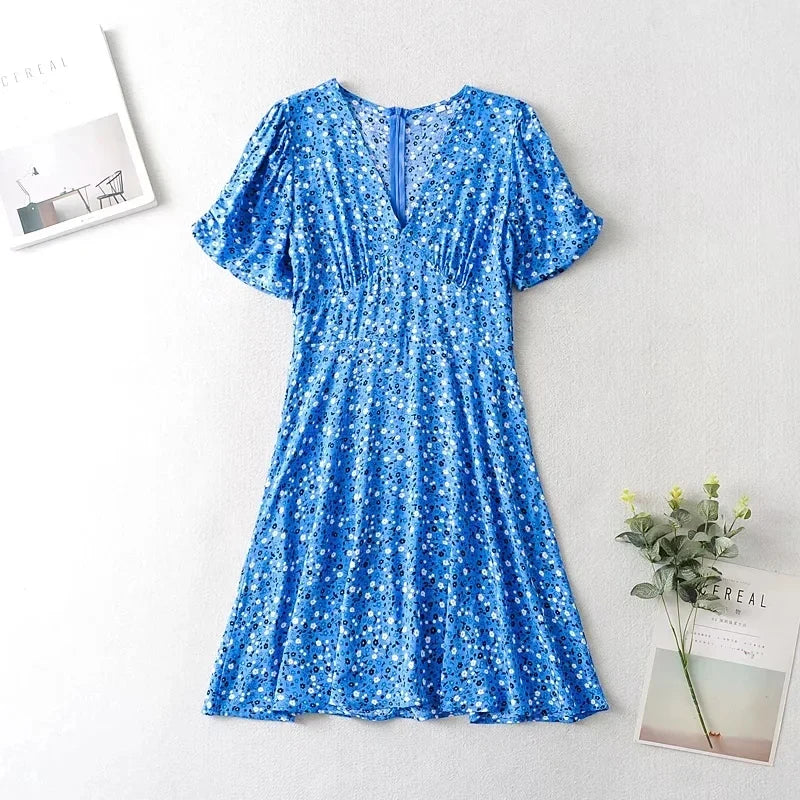 Foridol Blue Floral Print Summer Beach Dress Women Casual Holiday Short Sleeve Dress Boho Sundress Vestidos Fashion Clothes