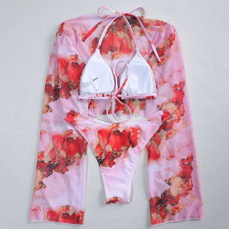 Marble Print V-Bar Underwired Bikini Women Swimsuit Female Swimwear Three-pieces Bikini Set Push Up Bathing Suit Beach Sarong