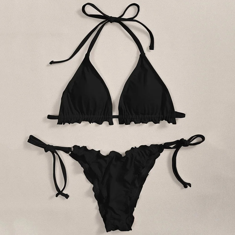 Halter String Ruffled Frilled Bikini 2026 Women Swimsuit Female Swimwear Two Pieces Bikini Set Padded Bather Bathing Suit Swim