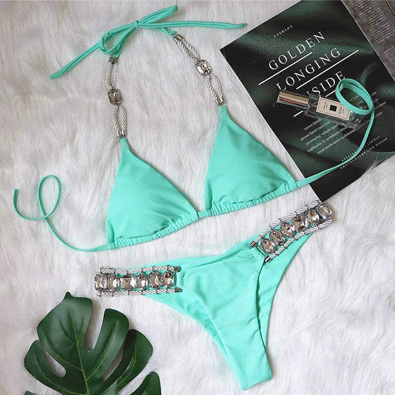2026 Halter Shiny Crystal Diamond Bikini Women Swimsuit Female Swimwear Rhinestone Bikini Set Rhinestone Brazilian Bathing Suit