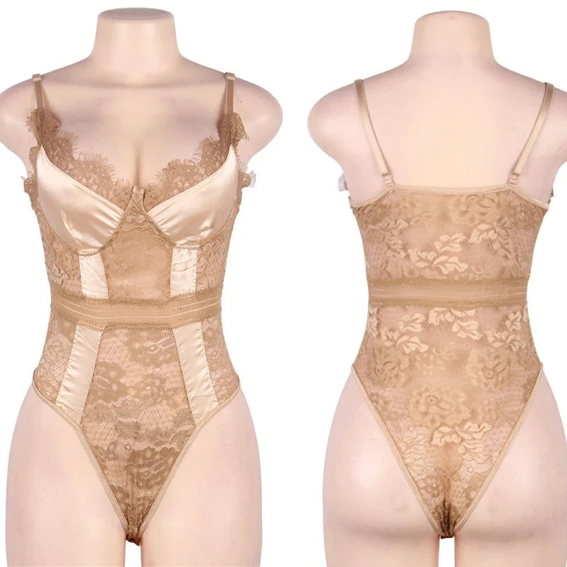 Plus Size Snap Crotch Lace Bodysuits Women Sexy Elegant Teddy Bodysuit Streetwear Skinny Overalls Body Femme Body Tops Jumpsuit