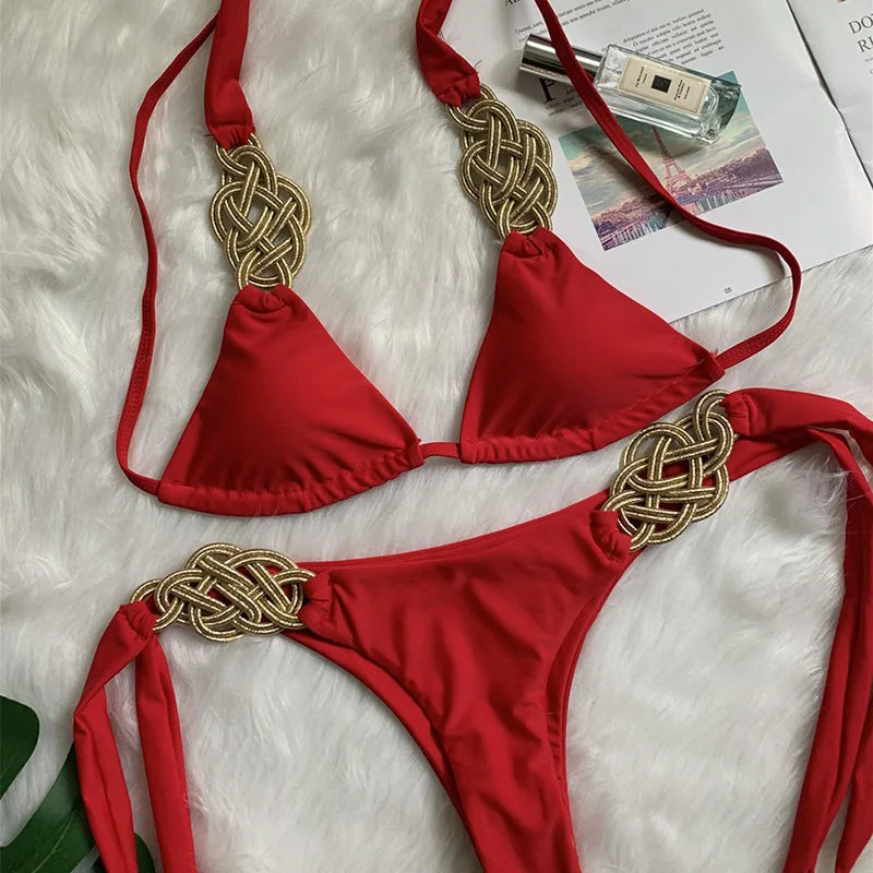 New Patchwork Halter Knitted Bikini Women Swimwear Female Swimsuit Two-pieces Bikini set Brazilian Bather Bathing Suit Swim Lady