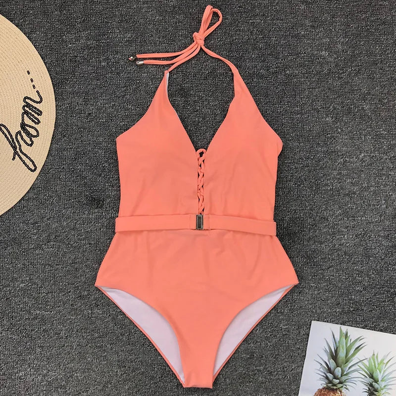 2025 Sexy Lace Up Halter Female Swimwear One Piece Swimsuit Women Backless Monokini with Waist Belt Bathing Suit Swim Bodysuit