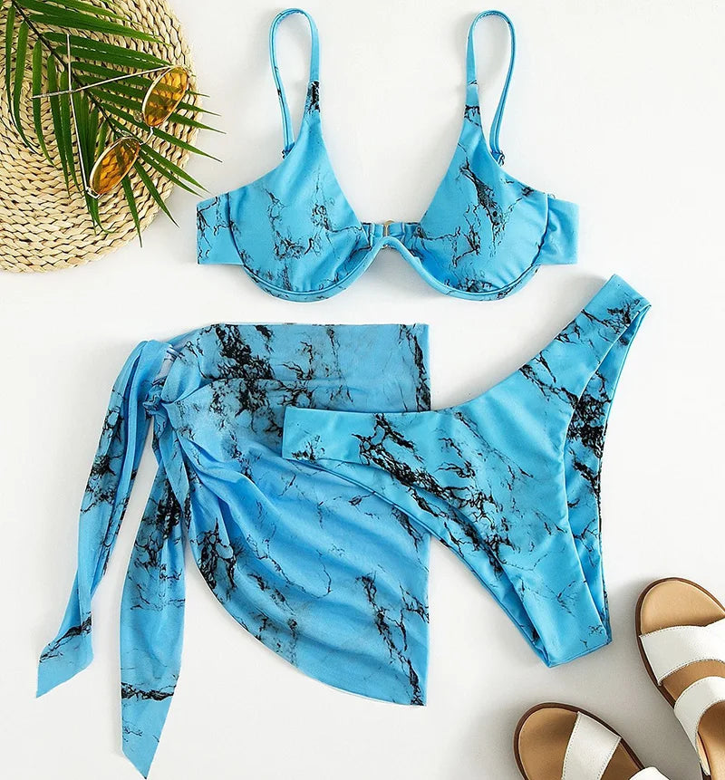 Marble Print V-Bar Underwired Bikini Women Swimsuit Female Swimwear Three-pieces Bikini Set Push Up Bathing Suit Beach Sarong