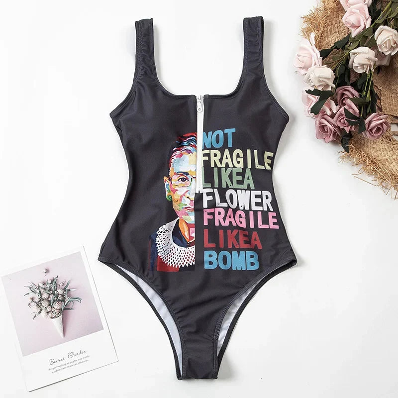 2026 Printed Zipper Swimsuit One Piece Sexy Swimwear Women Floral Bathers Bathing Swimming Swim Suit Female Beachwear