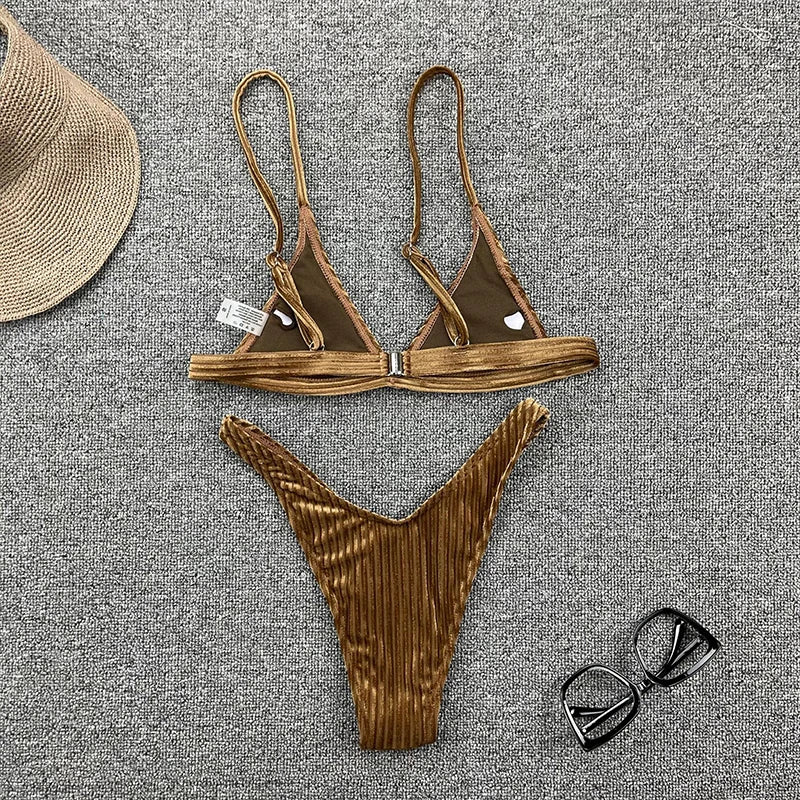 Ribbed Metallic Velvet Bikini Women Swimsuit Female Thong Swimwear Two Pieces Bikini Set High Cut Bathing Suit Swim Beachwear