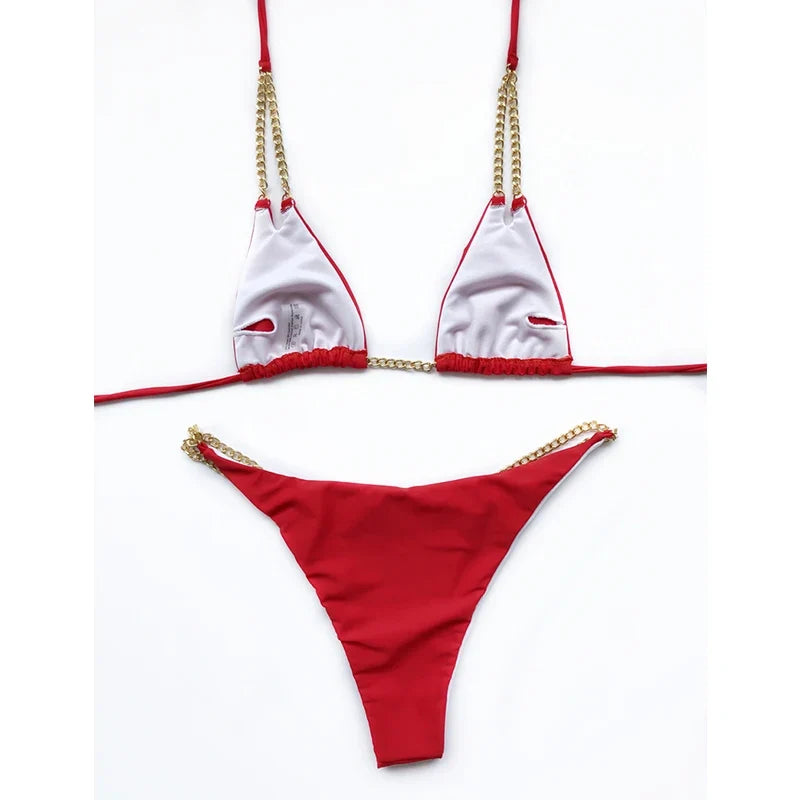 Sexy Halter Metal Chains Brazilian Bikini 2025 Women Swimsuit Female Swimwear Two Pieces Bikini Set Bathing Suit Swim Beach Wear