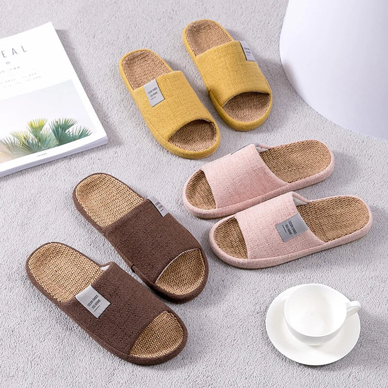 Breathable Flax Slippers Women Men Indoor Mute Slipper Anti-slip Lovers House Floor Shoes Soft  Ladies Summer Home Slides