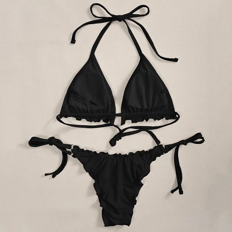 Halter String Ruffled Frilled Bikini 2026 Women Swimsuit Female Swimwear Two Pieces Bikini Set Padded Bather Bathing Suit Swim