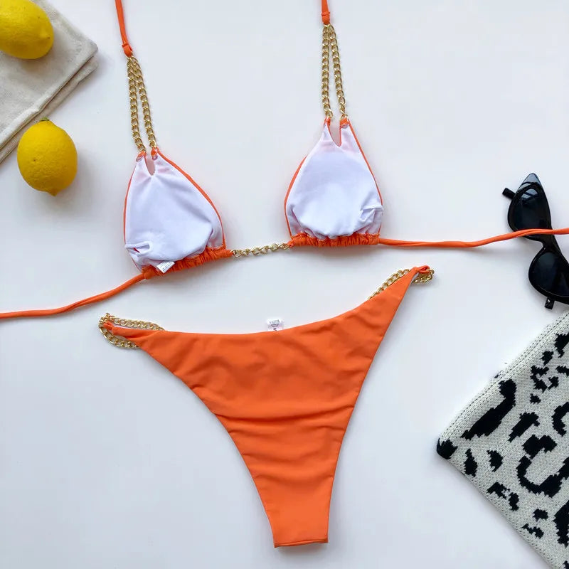 Sexy Halter Metal Chains Brazilian Bikini 2025 Women Swimsuit Female Swimwear Two Pieces Bikini Set Bathing Suit Swim Beach Wear