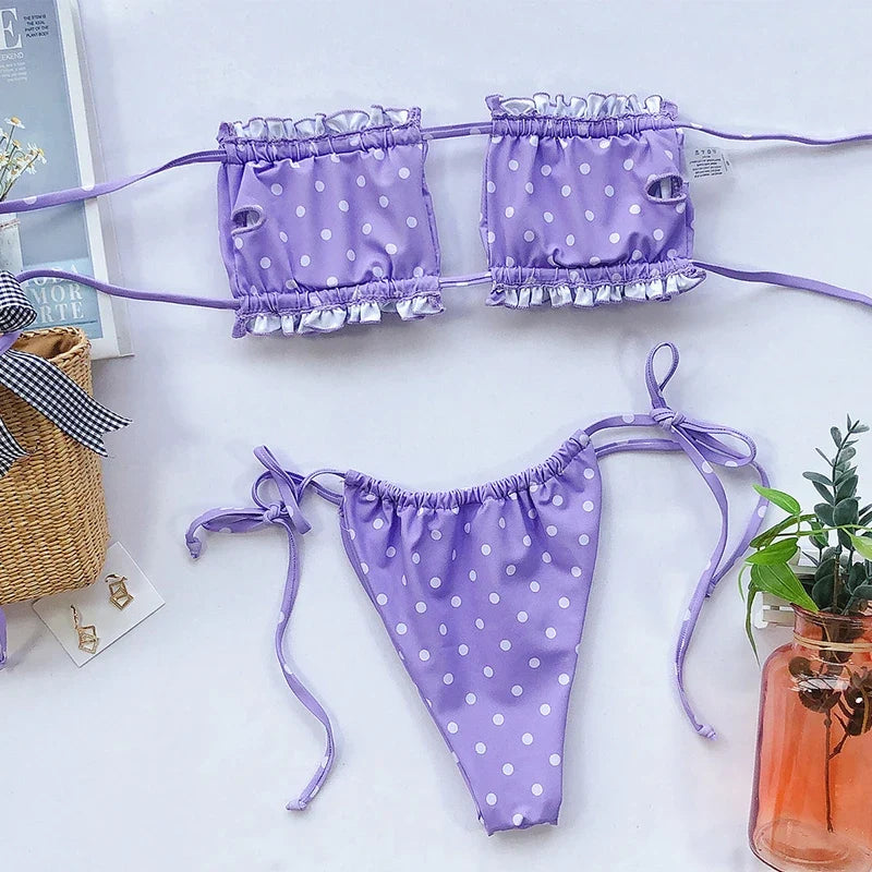 Tie Dye Pleated Ruffled Bikinis Bandeau Bikini Women Swimsuit Female Swimwear Two-pieces Bikini Set Hollow Out Bathing Suit Swim