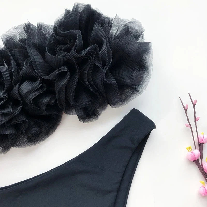 2025 New Sexy 3D Flower Mesh Ruffled Swimsuit High Waist bikini Women Bandeau Swimwear Female Two Pieces Bikini set Bathing Suit