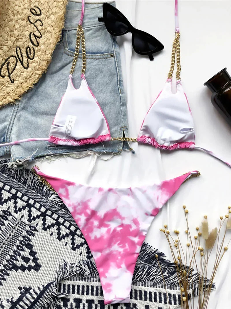 Sexy Halter Metal Chains Brazilian Bikini 2025 Women Swimsuit Female Swimwear Two Pieces Bikini Set Bathing Suit Swim Beach Wear