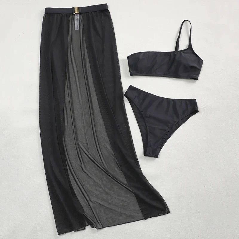 New One shoulder Bikini 2025 Female Swimsuit Women Swimwear Three-pieces Bikini set Mesh Long Skirt Beach wear Bathing Suit Swim