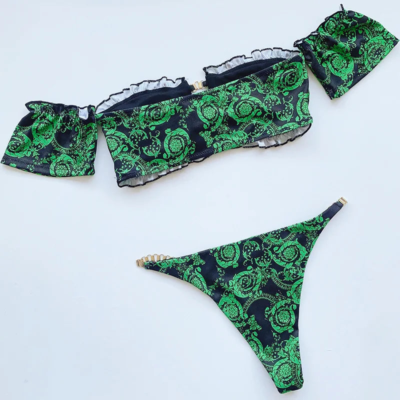 Cherry Print Off Shoulder Bikini 2025 High Cut Swimsuit Women Female Brazilian Swimwear Two pieces Bikini set Bathing Suit Swim