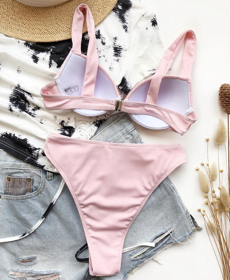 Sexy Ribbed Bra Cup High Waist Bikini Women Swimsuit Female Swimwear Two Pieces Bikini set Push Up Bather Bathing Suit Swim Lady