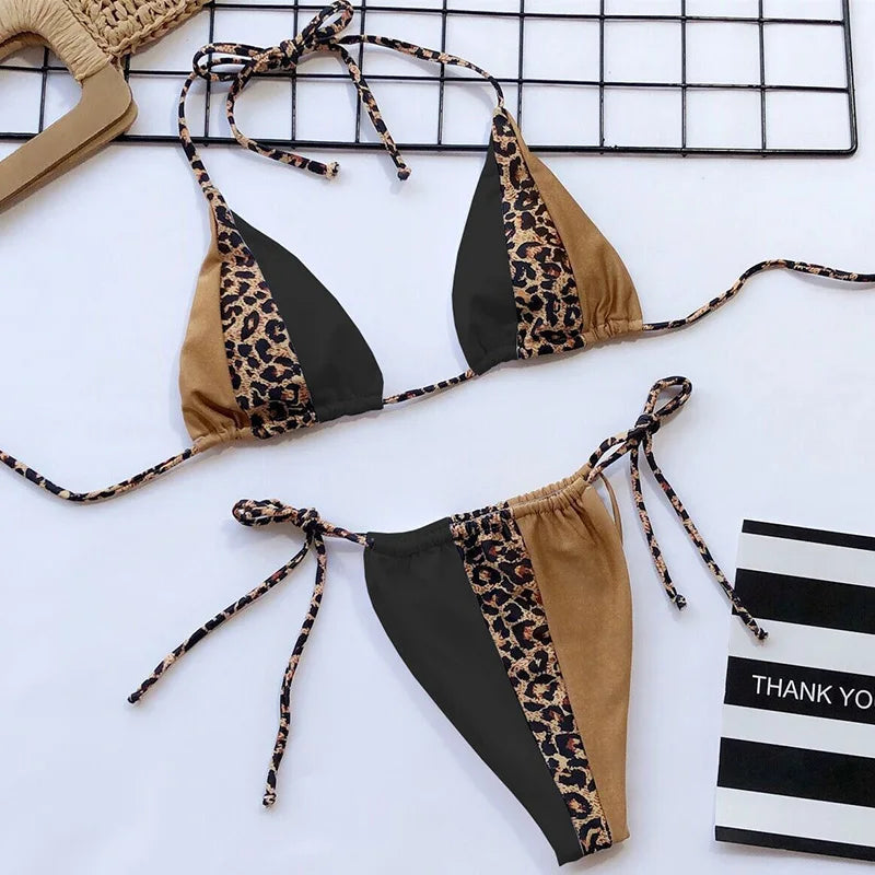 Zebra Print Halter micro Bikini 2025 women Bandeau String Swimsuit Female swimwear Neon Shiny bikini set Leopard Bathing Suit