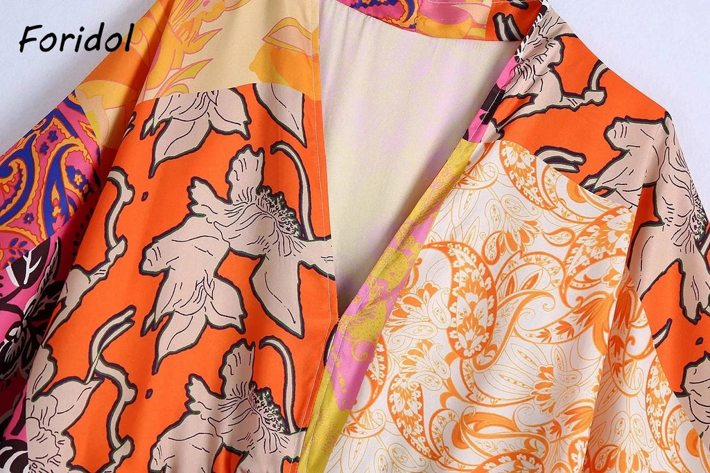 Foridol Paisley Print Batwing Sleeve Kimono Maxi Long Dress Floral Print Half Sleeve Boho Autumn Dress Orange Belt Slit Dress