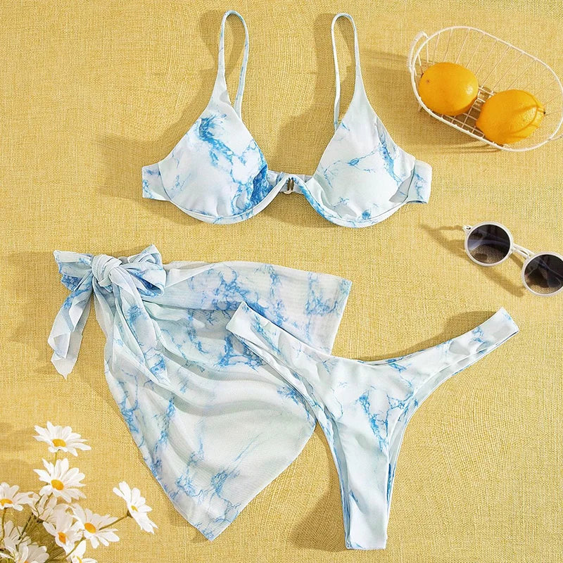Marble Print V-Bar Underwired Bikini Women Swimsuit Female Swimwear Three-pieces Bikini Set Push Up Bathing Suit Beach Sarong