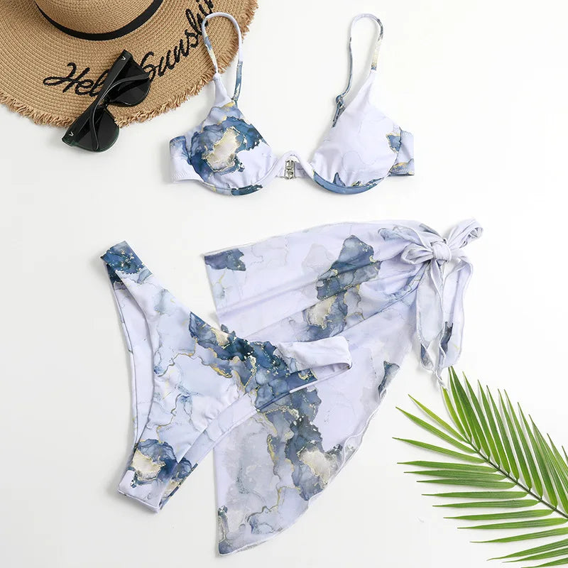 Sexy Marble Print Bikini 2026 Women Push Up Bra Underwire 3 Piece Swimsuit Brazilian Beach Bathing Suit Swimwear Swimming Suits