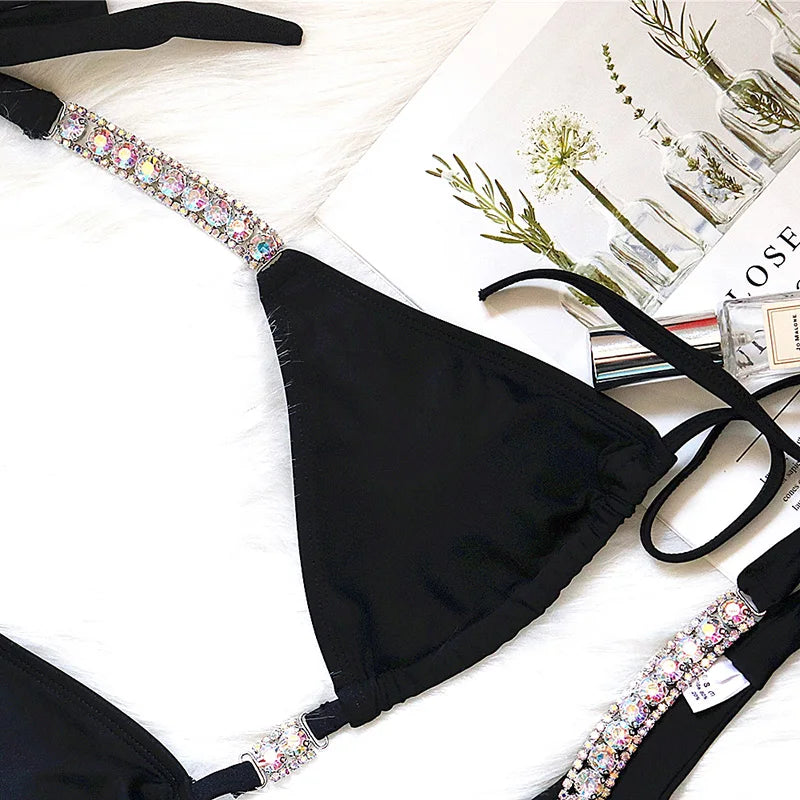 Sexy Halter Crystal Diamond Bikini 2025 Women Swimsuit Female Swimwear Two-pieces Bikini set Rhinestone Bather Bathing Suit Swim
