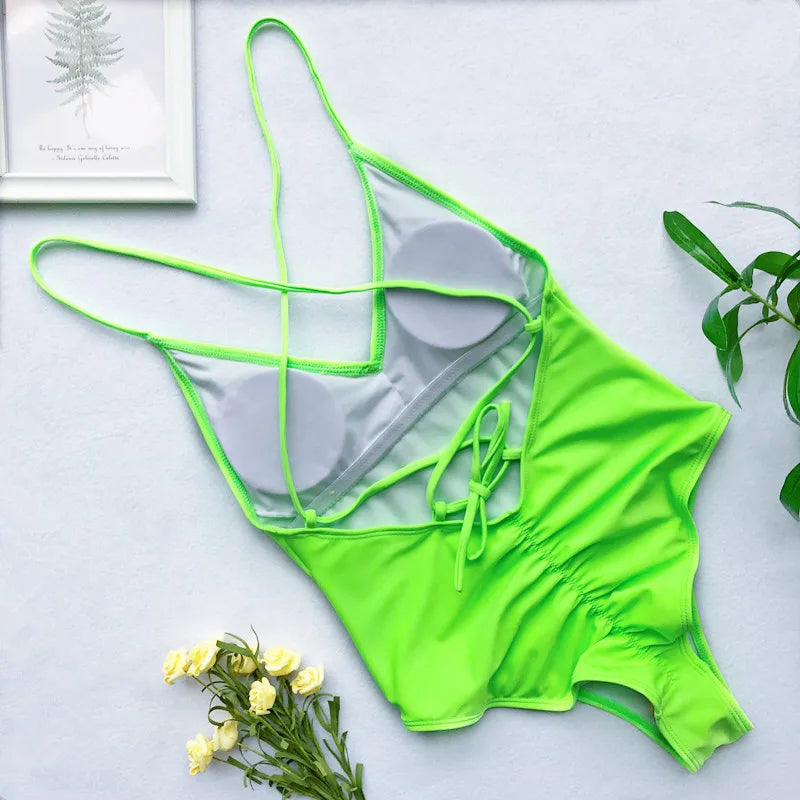 2026 V Neck Scrunch Butt Female Swimwear One Piece Swimsuit Women Backless Monokini Sexy High cut Bathing Suit Swim Bodysuit