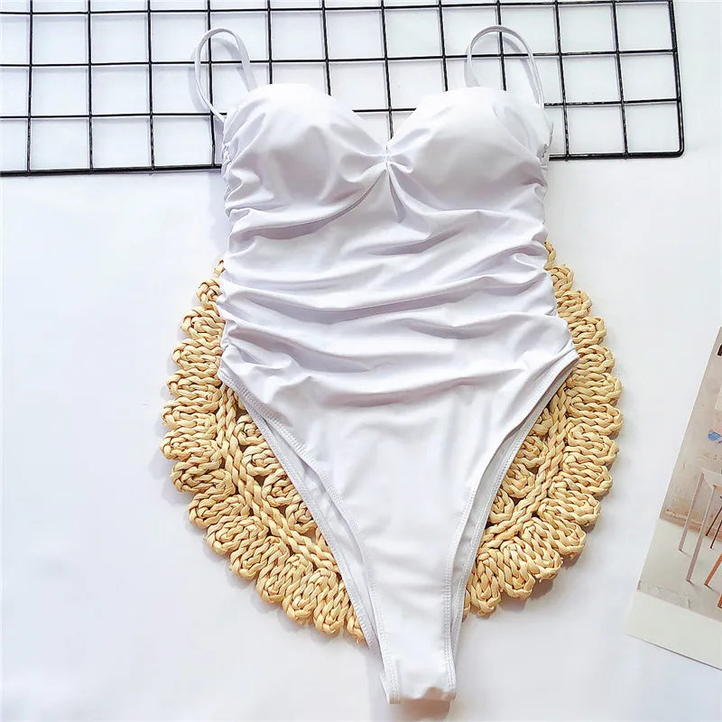 Push Up Bra Cup Leopard Scrunched Women Bandeau Swimwear One Piece Swimsuit Female Monokini High Cut Bathing Suit Swim Bodysuit