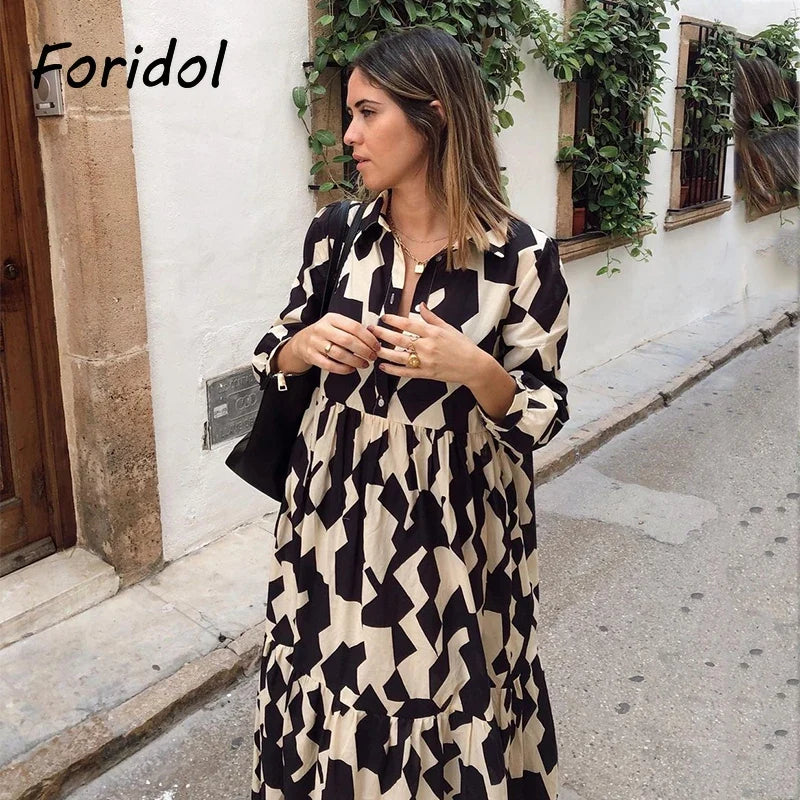 Foridol Geometric Print Black Shirt Dress Casual Elegant Autumn Winter Women's New Dress Vestidos Robe Femme Long Sleeve Dress