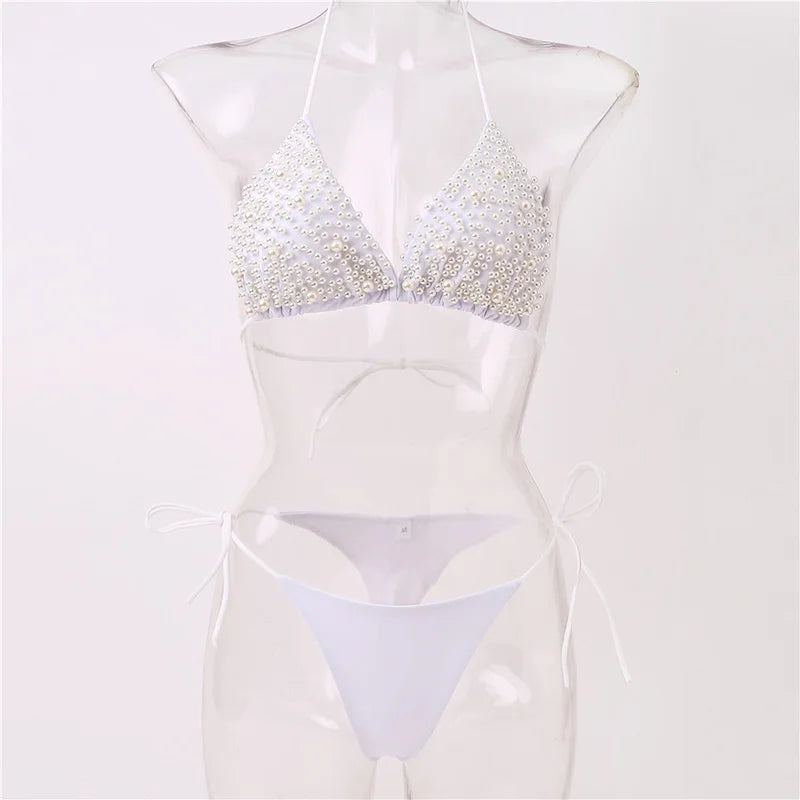 S - XL Halter Luxury Pearl Bikini Female Swimsuit Women Swimwear Two-pieces Bikini set Mini Micro Bather Bathing Suit Swim Lady