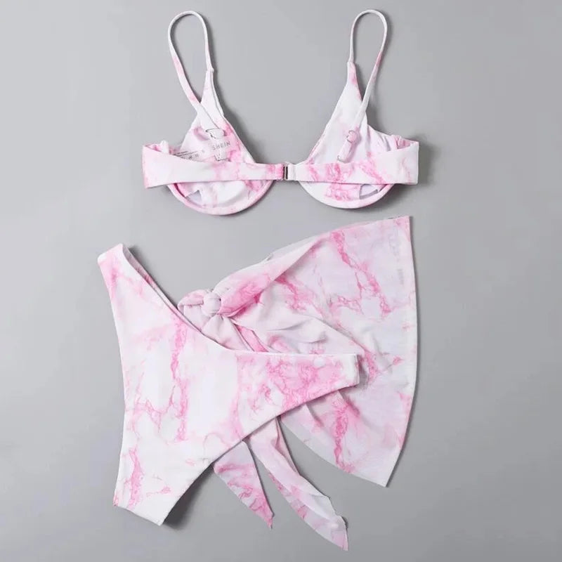 Marble Print V-Bar Underwired Bikini Women Swimsuit Female Swimwear Three-pieces Bikini Set Push Up Bathing Suit Beach Sarong