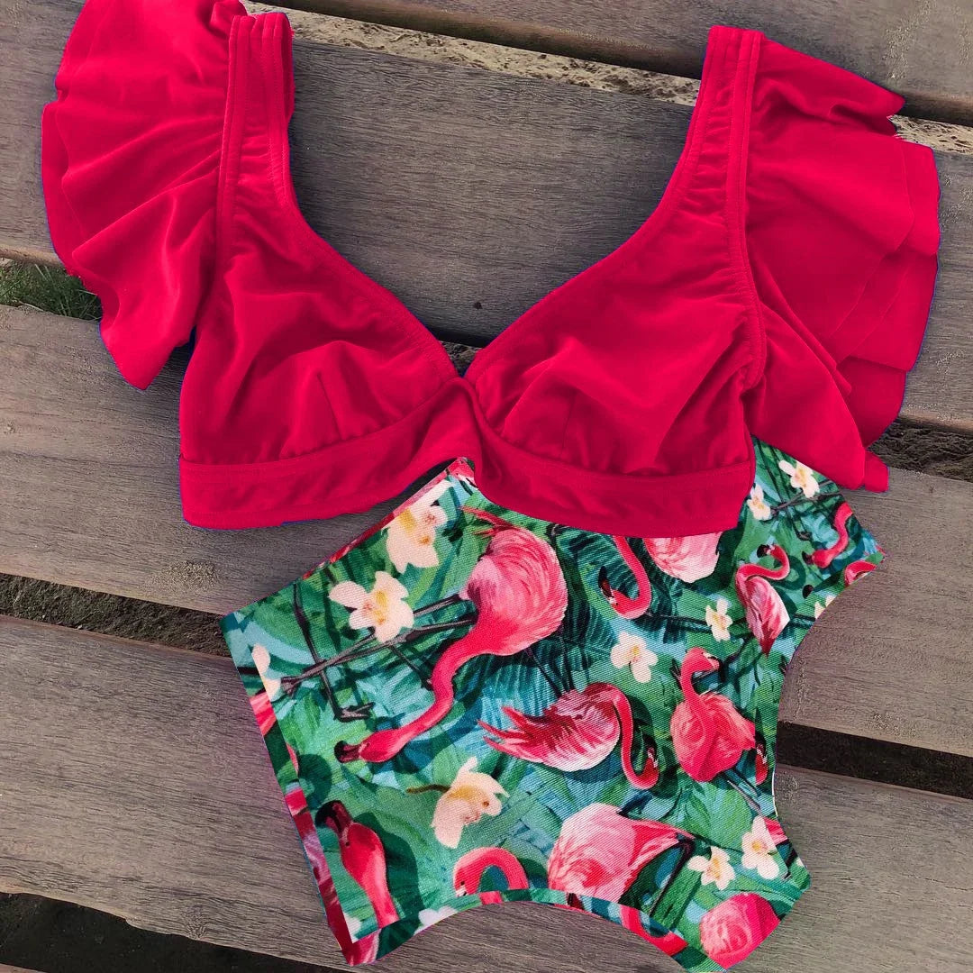 2024 New Bikini Set Women Ruffle Brazilian Bikini High Waist Flounce Biquini Swimwear Printed Maillot De Bain Summer Bath Suit
