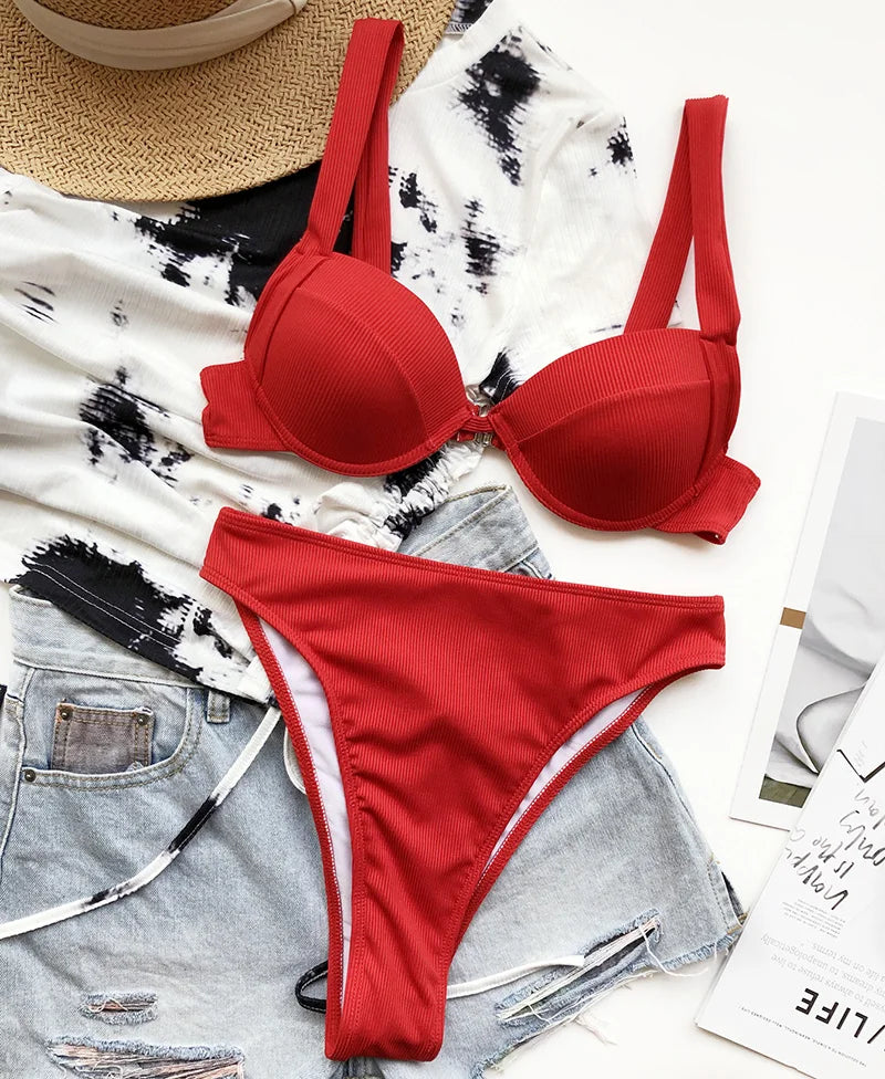 Sexy Ribbed Bra Cup High Waist Bikini Women Swimsuit Female Swimwear Two Pieces Bikini set Push Up Bather Bathing Suit Swim Lady