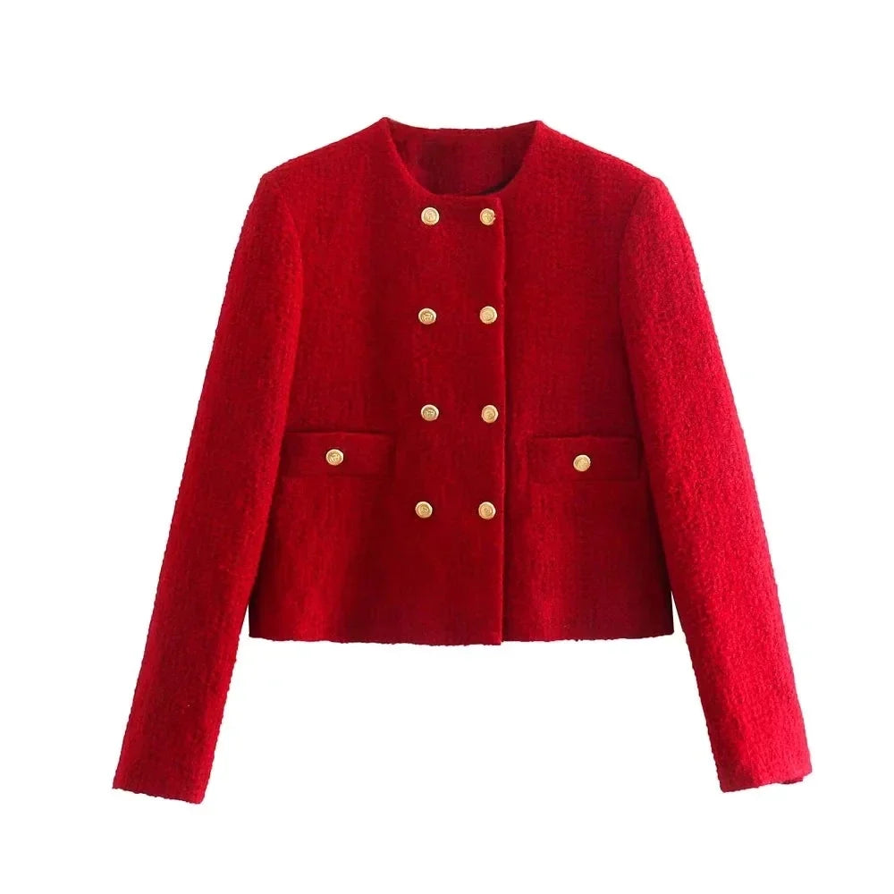 Foridol Double Breasted O Neck Short Blazer Skirt Sets Two Pieces Office Ladies Red Winter Thick Cozy Suits Elegant Blazer Top