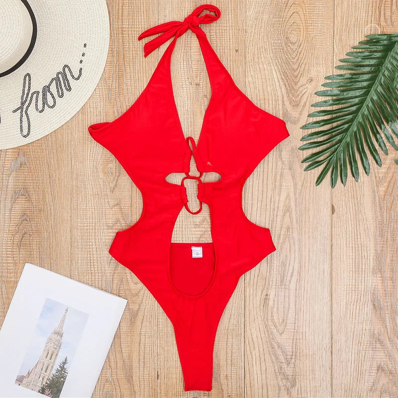Lace up Halter Tummuy Cut Out Female Thong Swimwear One Piece Swimsuit Women Backless Monokini High Cut Bather Bathing Suit Swim