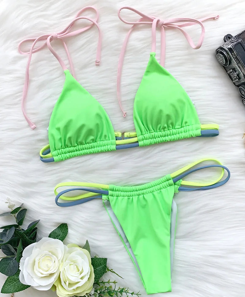 Sexy Mini Micro Thong Neon Bikini Women Brazilian Swimwear Female Swimsuit Two-pieces Bikini set High Cut Bathing Suit Swim Lady