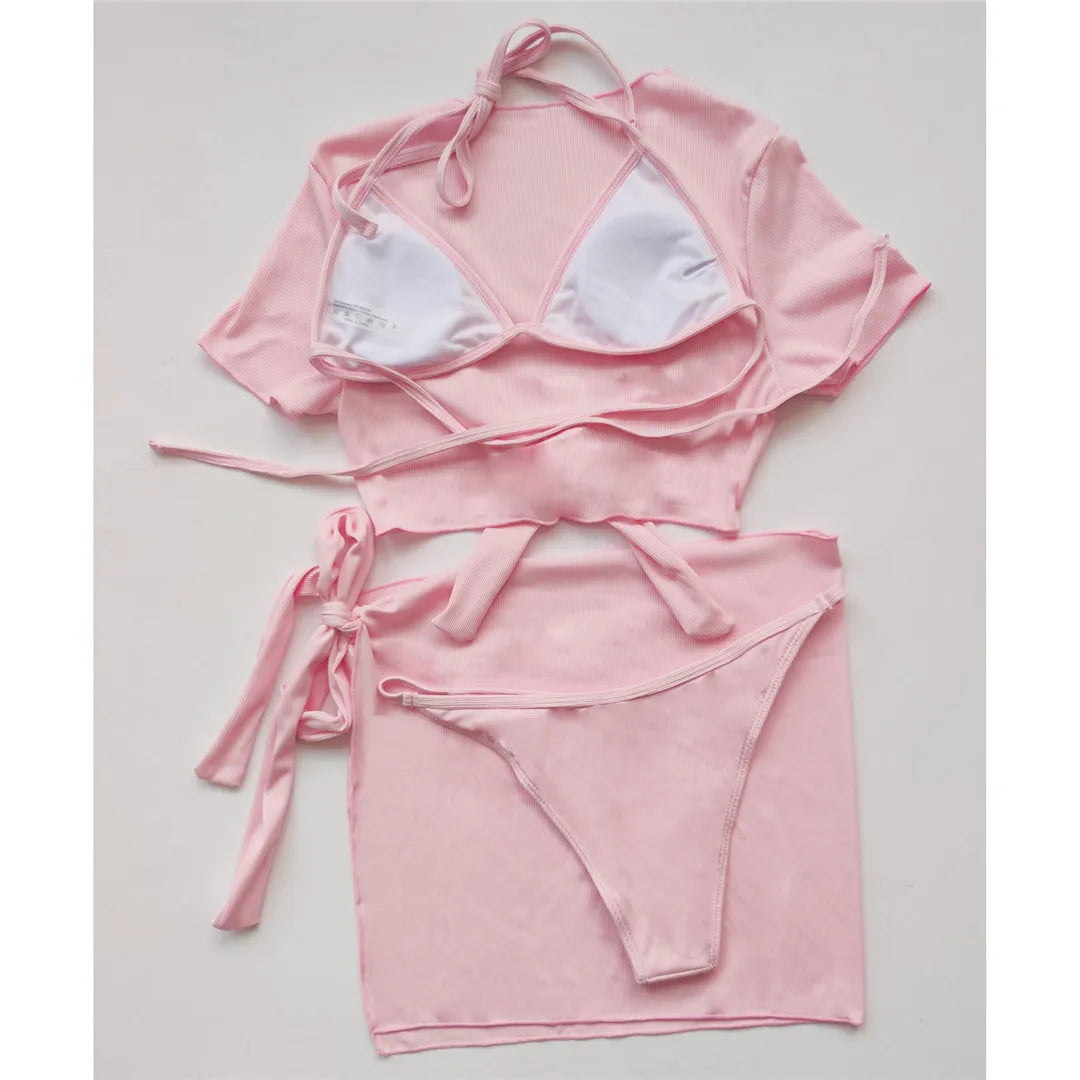 XS - L Ribbed Halter Bikini Women Swimwear Female Swimsuit Four-pieces Bikini set With Sarong Bather Bathing Suit Swim V3152B