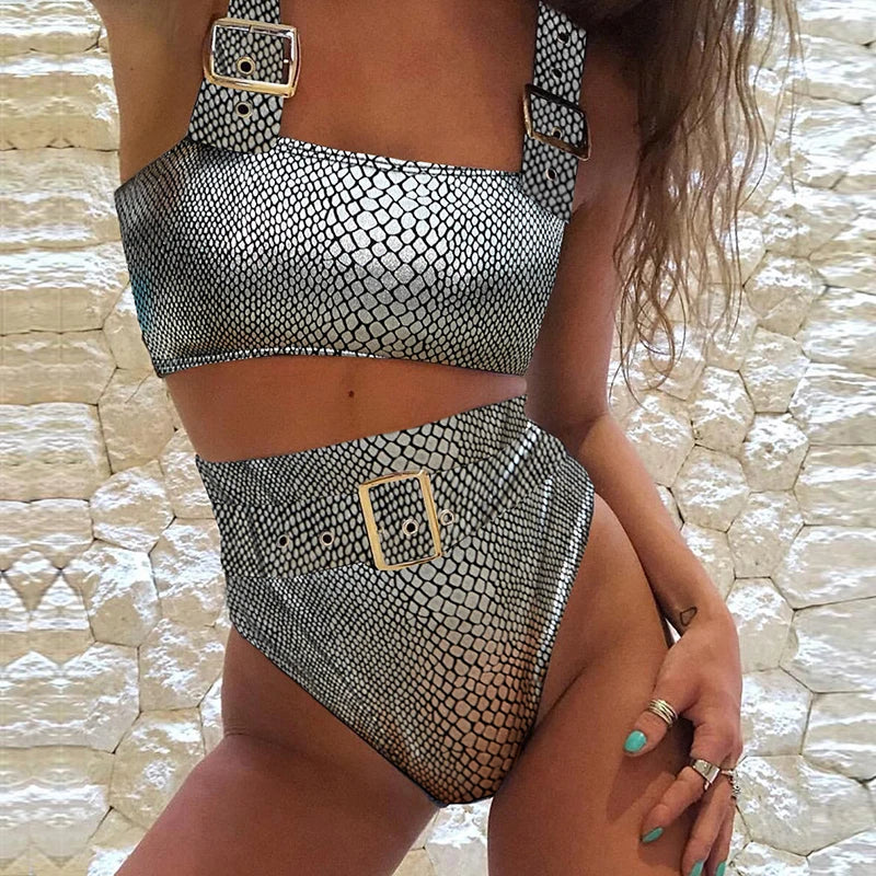 2026 Snake Printed Bandeau Bikini High Waist Swimsuit Women Vintage Swimwear Female Waist Belt Bikini Set Push Up Bathing Suit
