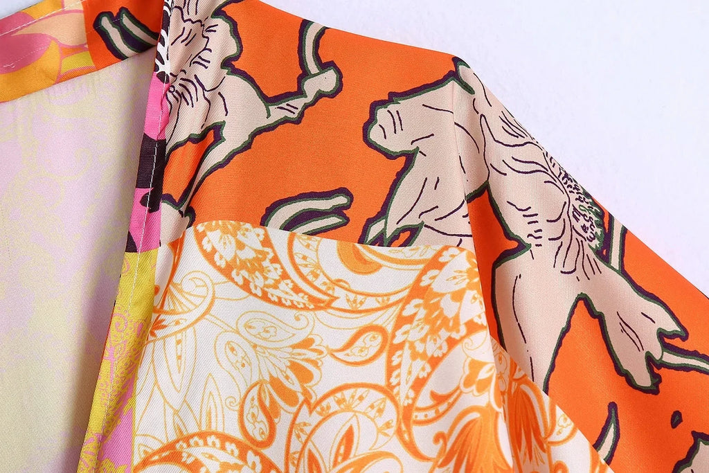 Foridol Paisley Print Batwing Sleeve Kimono Maxi Long Dress Floral Print Half Sleeve Boho Autumn Dress Orange Belt Slit Dress